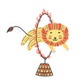 Vector illustration of cute lion. Jump through fire circle. Circus artist doing trick