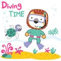 Vector illustration of cute lion in snorkel mask diving in the sea. Can be used for t-shirt print, Creative vector childish Royalty Free Stock Photo