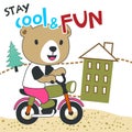 vector illustration of cute little bear ride motorcycle. Creative vector childish background for fabric, textile, nursery