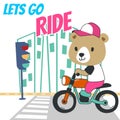vector illustration of cute little bear ride motorcycle. Creative vector childish background for fabric, textile, nursery