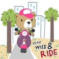 cute little bear ride scooter. Creative vector childish background for fabric, textile, nursery wallpaper,