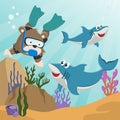 cute little bear and shark diving in undersea adventure on a background of beautiful blue water
