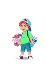 Vector illustration of cute little boy with flowers and gift.