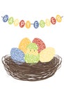Vector illustration of cute little chicken in a nest with easter eggs. Happy Easter greetings text. Design for web, site Royalty Free Stock Photo