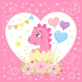 Vector illustration with cute little dinosaur in egg, flowers, balloons, garlands, stars.