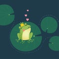 Cute little frog prince with a golden crown on the lotus leaf Royalty Free Stock Photo