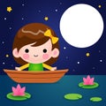 Vector Illustration Cute Little Girl On A Boat At Night Royalty Free Stock Photo