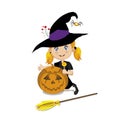 Cute little witch in halloween costume with pumpkin jack