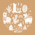 Vector illustration with cute llamas, alpacas, cactuses and trees in the circle