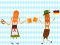 Vector illustration of cute male female sausage wearing Oktoberfest Dirndl dress Lederhosen holding food pretzel beer during part