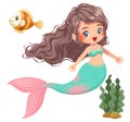 Vector illustration of cute mermaid, fish, and algae