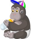 Cute monkey cartoon sitting with drink milk Royalty Free Stock Photo