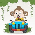 Vector illustration of cute monkey driving blue car go to vacation, Vector illustration. T-Shirt Design for children. Design