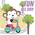 cute monkey riding Scooter. Can be used for t-shirt printing, children wear fashion designs, baby shower