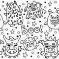 Vector illustration of cute monster doodle theme seamless pattern background.