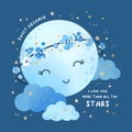 Vector illustration with cute moon in floral wreath, clouds and gold stars. Night sky blue background Royalty Free Stock Photo