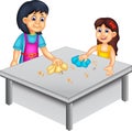 Cute mother and daughter cartoon clean the table with smile