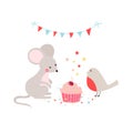 Vector illustration with cute mouse, bird and cupcake. Birthday party