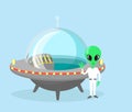 Vector illustration of cute and nice alien character with spaceship on light blue color background. Royalty Free Stock Photo