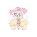 Vector illustration of a cute old lady eating ice cream, cartoon design isolated on a white background