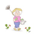 Vector illustration of a cute old lady with a watering can and rake, seasonal work in the garden.The cartoon design Royalty Free Stock Photo