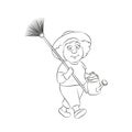 Vector illustration of a cute old lady with a watering can and rake, seasonal work in the garden.The cartoon design.Linear Royalty Free Stock Photo