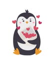 Vector illustration of a cute penguin holding an envelope with hearts for Valentine's Day