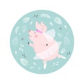 Vector illustration of cute pig ballerina dancing, cartoon design Royalty Free Stock Photo