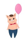 Vector illustration of Cute pig holding a balloon cartoon. Doodle, hand-drawn. Cartoon