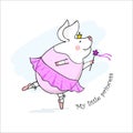 Vector illustration of a cute pig princess with a magic wand, little pig ballerina dancing in a pink dress, cartoon design Royalty Free Stock Photo