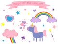 Vector illustration of cute pink and lilac unicorn, hearts, stars, clouds, rain, rainbow