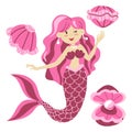 Vector illustration of a cute pink mermaid princess with colorful hair and other underwater elements. Seashells, seashell with