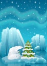 Vector illustration of cute polar bear sitting in ice and decorating Christmas tree with ball. Winter arctic ice