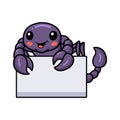 Cute purple scorpion cartoon with blank sign