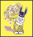 Vector illustration of cute rabbit with cylinder hat, big bouquet of spring flowers and lettering - for you. Royalty Free Stock Photo