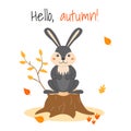 Vector illustration with a cute rabbit on a stump and autumn leaves in cartoon style. Forest animals and plants. Hello, autumn Royalty Free Stock Photo