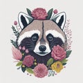Vector illustration of cute raccoon with floral wreath.