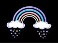 Vector illustration of cute rainbow with clouds and fairy rain isolated on the black background.