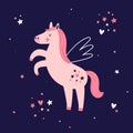 magic pink unicorn on dark blue background