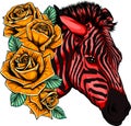 vector illustration with cute red zebra with yellow roses