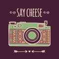 Vector illustration with cute retro photo camera and typography phras