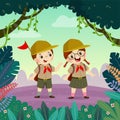 Cute scout boy and scout girl hiking in the forest. Children have summer outdoor adventure