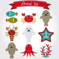 Vector illustration of cute sea animal set including fur seals, octopus, fish, coral, crab, lobster. Royalty Free Stock Photo