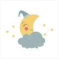 Vector illustration of cute sleeping cloud, moon and star
