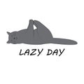 Vector illustration of a cute sleeping gray cat with the inscription lazy day. Cartoon character. Print for t-shirt, pajamas, good