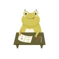 Vector illustration of a cute smart frog doing a homework