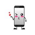 Vector illustration of cute smartphone mascot or character give kiss love. cute smartphone Concept White Isolated. Flat Cartoon