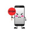 Vector illustration of cute smartphone mascot or character holding sign say stop. cute smartphone Concept White Isolated. Flat