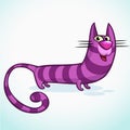 Vector illustration of a cute smiling purple fat cat. Fat striped cat walking proudly