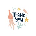 vector illustration, cute squid and thank you text Royalty Free Stock Photo